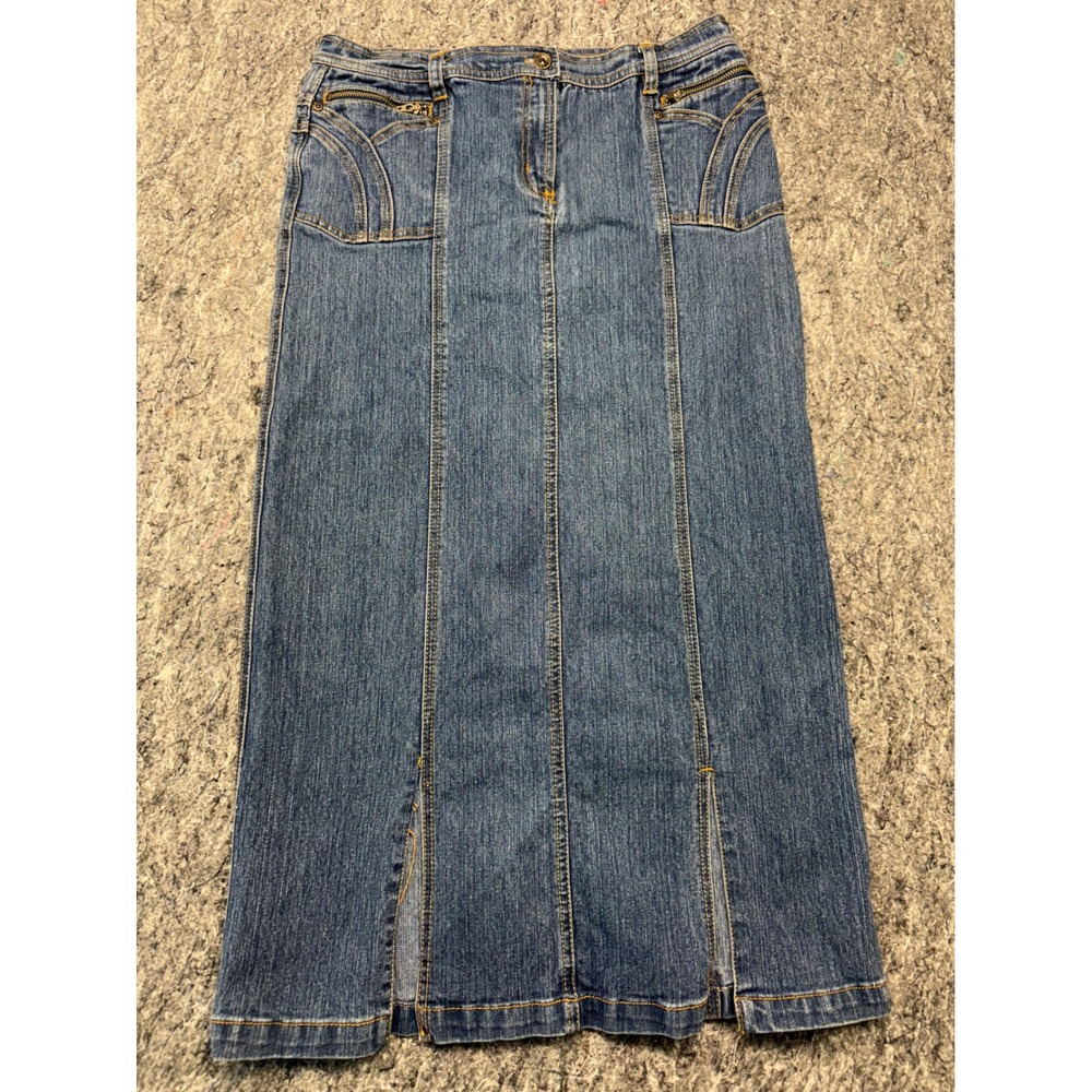 NoFuze Womens Denim Maxi Skirt Blue Medium Wash Zipper Pockets Slit Size L 14 16